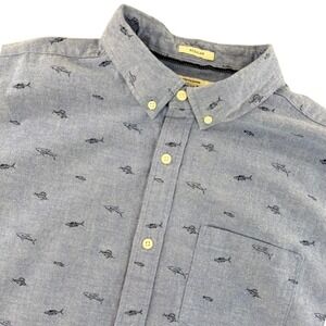 Hawker Rye Mens Blue Fish Shark Print Stretch Oxford Short Sleeve Shirt‎ Large